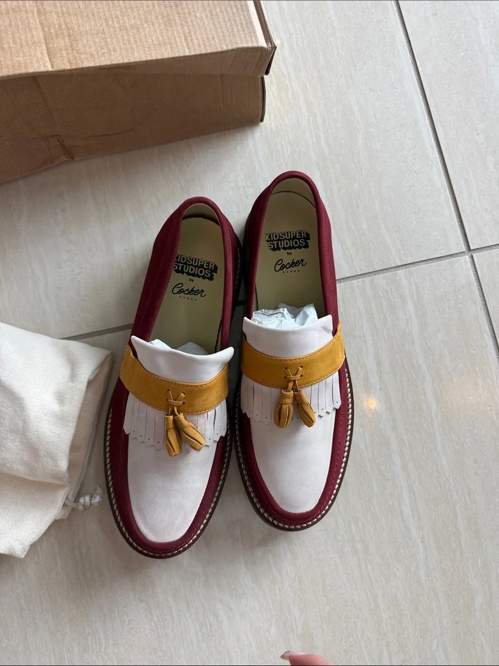 KIDSUPER STUDIOS x Cocker Colorblock Tassel Loafers - Burgundy, White & Mustard